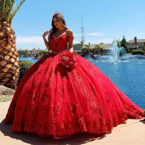 Red Lace Off the Shoulder Quinceanera Dresses Ball Gowns robe de soiree Lace-up Vestidos De Festia Prom Party Vestidos