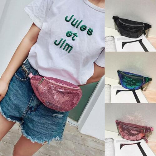 Fashion Waist Fanny Pack Women PU Leather Belt Zipper Waist Bag Casual Sequin Chest Bag