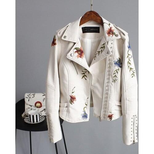 Trendy Punk Style Faux Soft Leather Jacket Women Embroidery Floral Faux Leather Jacket Pu Motorcycle Epaulet Zipper Outerwear