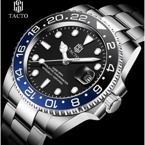 2021 New Fashion Mens Watches Stainless Steel TACTO Brand Luxury Waterproof GMT Sports Japan Quartz Wristwatch Relogio Masculino
