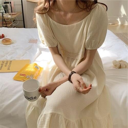 2021 Summer New Korean Pure Cotton Long Skirt Bubble Sleeve Lace Nightgown Home Clothes Womens Nightdress Female Sleepwear