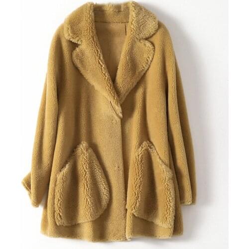 Autumn Lady Beige Plus Size Sheep Genuine Fur Thick Warm Fur Outwear Winter Lapel New Loose Wool Mid Length Women Office Coat