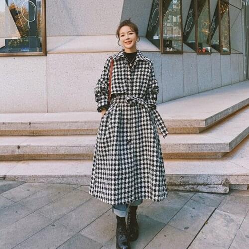 Winter Woolen Women Coat Korean Big Size Cloak Female Black White Houndstooth Stand Collar Waist Tie Single-breasted Long Jacket