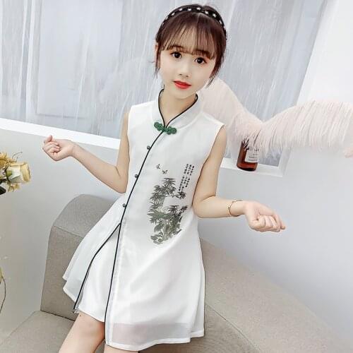 Chinese Style Dress For Girl Pink White Print Sundress Summer Style Cheongsam Kids Traditional Ethnic Qipao Hanfu Clothing