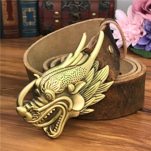 Brass Dragon Belt Buckles For Men Leather Belt Ceinture Homme Yellow Cowboy Mens Belt Wide Jeans Belts For Men MBT0525