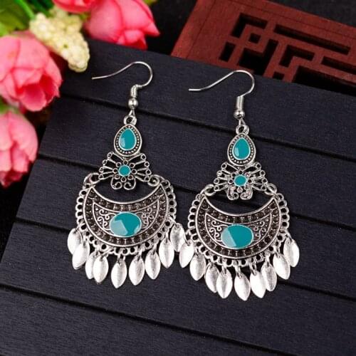 Retro Crescent Shape Silver Color Leaf Tassel Earrings For Women Bohemia Jhumka Green Earrings Indian Jewelry Oorbellen HXE081