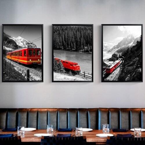 City Series Picture Rustic Black and White Landscape Canvas Painting Red Train Snow Mountain Print Poster Wall Art Home Decor