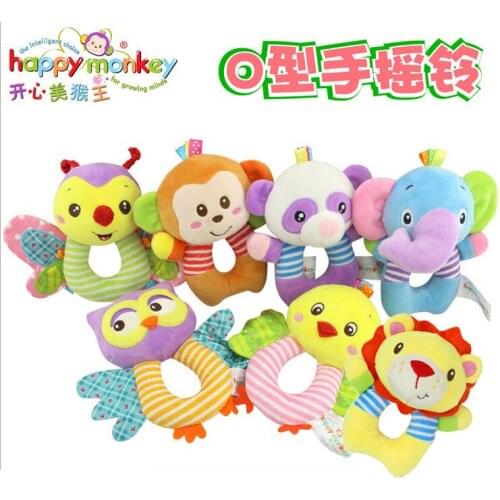 Lovely animal O shape fun educational Happy Monkey cognition gift infant round hand bell kids rattle plush 13cm soft baby toy