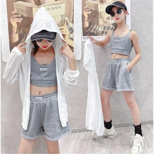 Girls 3pcs Sports Clothes Sets Summer Children Fashion Sun Protection Jacket Yest Short Suits For Baby 3 To 10 Years Kids Outfit