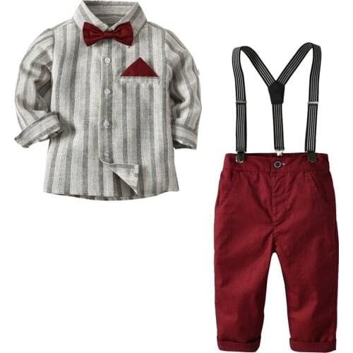 TELOTUNY kids clothes Toddler Baby Kids Boys Gentleman lapel Tie Stripe Long Sleeve Top Shirt Plaid Trousers suspender Pants Set