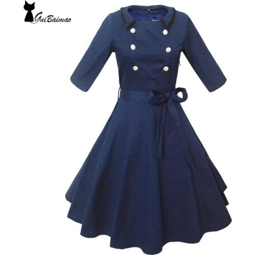 Deep Blue Vintage Style Skater Dress Turn-down Collar Three Quarter Sleeves Buttons Cotton Blend Retro Dress
