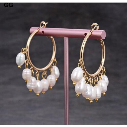 GuaiGuai Jewelry Natural Freshwater White Pearl Teardrop Rice Pearl Gold Color Plated Circle Dangle Hook Earrings