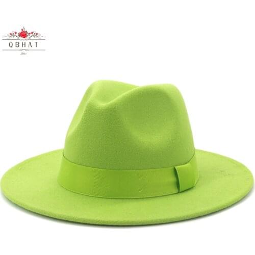 QBHAT Lime Green Solid Color Wool Felt Jazz Fedora Hats with Ribbon Band Women Men Wide Brim Panama Party Trilby Wedding Hat