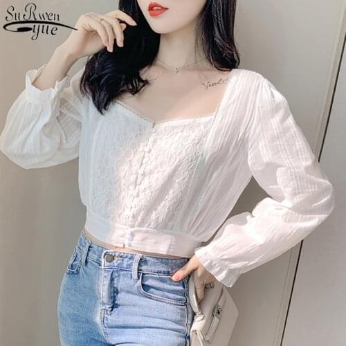 2021 Autumn New French Puff Long Sleeve Blouse Women Square Collar White Chiffon Blouse Waist Lace Stitching Womans Shirt 10848
