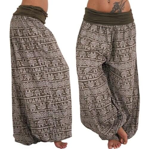 Women Bohemian Harem Pants Elastic Waist Wide Leg Pants Vintage Printed Trousers Female Loose Beach Pantalon Plus Size S-5XL