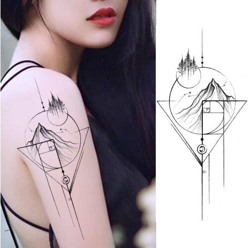Women Lady Sexy Round Geometric Mountain Tree Temporary Tattoos Body Art Arm Fake Tattoo Sticker Men 3D Waterproof Tatoos