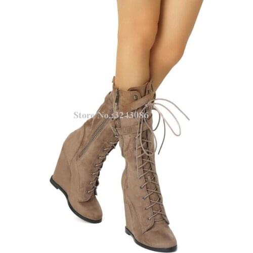New Suede Lace-up Buckle Strap Wedge Mid-calf Boots Women Fashion Design Short Boots Lady Sexy Banquet Shoes Dropship