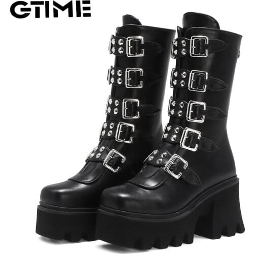 Winter Gothic Punk Womens Platform Boots Black Buckle Strap Zipper Creeper Wedges Shoes Mid Calf Military Combat Boots#SJPAE-651