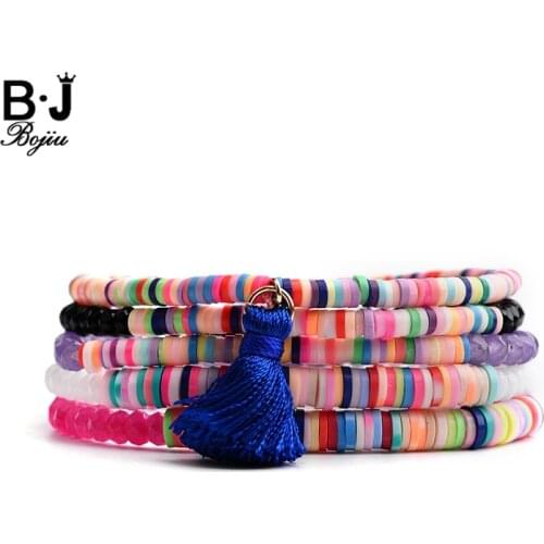 BOJIU Cute Tiny Crystal Beads Bracelet For Women Colored Rubber Chips Blue Tassel Red Purple White Black Crystal Bracelet BC230