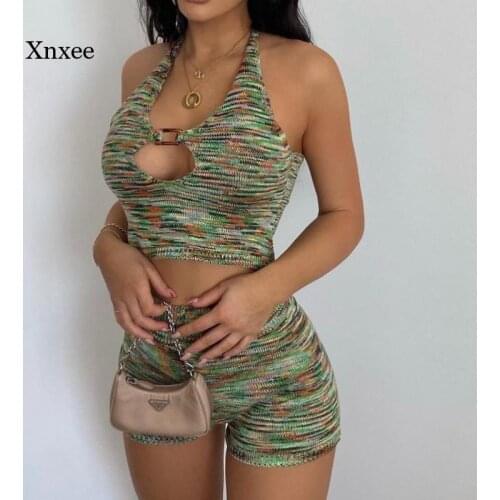 2021 Chic Womens New Sleeveless Knit Halter Top Shorts Suits Slim Sexy Hollow Ring Tank Two Piece Set V Neck Sweater Outfits