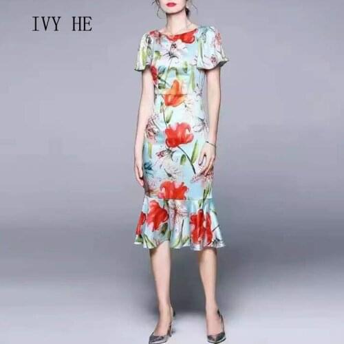 IVY HE Sky Blue New Pattern Lotus Sleeve Fishtail Slim Print Satin Dresses With Lining Summer Womens Dress 2021