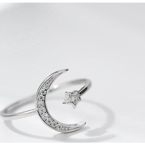 100% 925 Solid Real Sterling Silver Fashion Jewelry Moon Star CZ Cocktail Opening Ring Sizable For Women Girl Gift