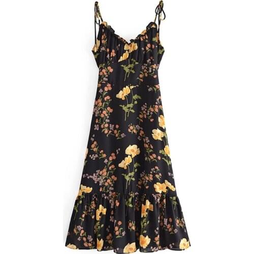 YENKYE Vintage Floral Print Sexy Sling Chiffon Dress Women V Neck Sleeveless A-line Summer Holiday Vestido Female Prairie Chic R