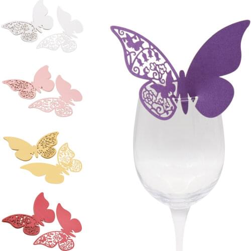 10pcs White Gold Purple Pink Name Cards Butterfly Place Escort Wine Glass Cup Laser Cut Paper Card for Wedding Party Decorations