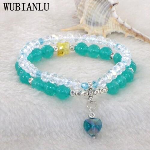 WUBIANLU New summer Double Row Jaspers Crystal Heart-shaped Pendant Bracelet For Women In Charm Bracelets For Girls Jewelry