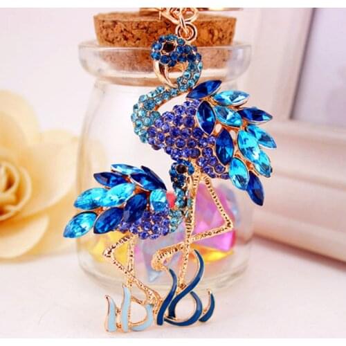 RE Charm Double Flamingo Bird Key chain Trinket Crystal Rhinestone Keychain Bag Charm Pendant Car keyrings for women J3030