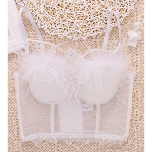 Honviey lace mesh camisole female outerwear bralette fashion stage style hollow halter lingerie sexy real feather tube top bra