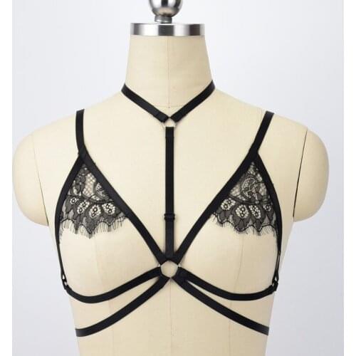 Black Lace Cage Bra Sexy Lingerie Strappy Sheer bondage Harness Goth Harajuku Body Harness Top Rave Open Bra Suspender Belt