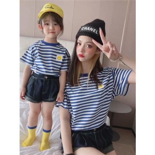 Children Striped Smile T-shirt Parent-child Outfit Clothes Top Summer Korean Boys And Girls Middle Family Matching Outfits