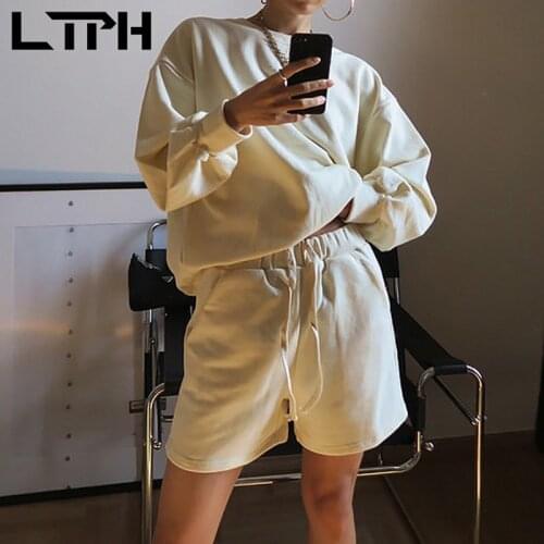 LTPH ins casual sets sportswear 2 piece set loose long sleeve sweatshirt high waist drawstring sweatpants shorts 2021 autumn new