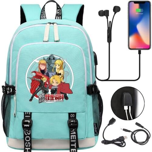 Fashion Men Women USB Backpacks Fullmetal Alchemist Backpack Student School Bags Travel Shoulder Laptop Bag Work Leisure Bags