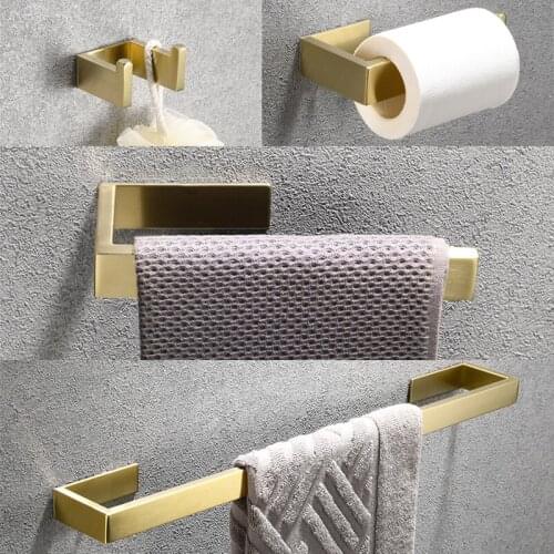 304 Stainless Steel Adhesive Bathroom Accessories Set Wall Mounted Brushed Gold Towel Bar Coat Hook Towel Ring Paper Holder