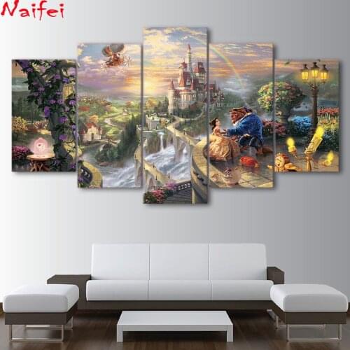 5D Diy Diamond Painting Cross Stitch Kits Diamond Embroidery Diamond Mosaic 5pcs Cartoon Castle Beauty And Beast Kids Gift