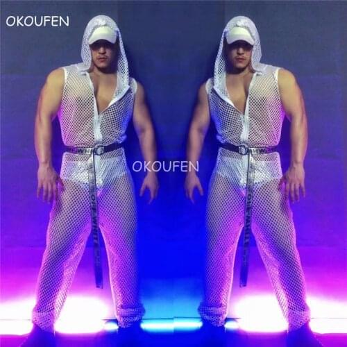 New White Sleeveless Hollow One-piece Hip-hop Overalls Bar Nightclub Men Siger dancer Dj Party Show Sexy Stage Wear