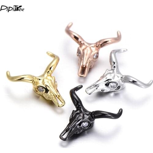 Pipitree Wholesale 5pcs Cattle Head Skull Beads Jewelry Making DIY CZ Beads Charms for Men Bracelet Pendant Copper Nickle Free