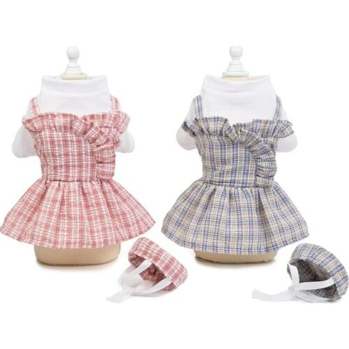 1set Noble Plaid Soft Dog Dress For Princess White Tshirt Short-sleeved Girl Dresses Fake Straps Skirt With Hat For Small Dogs L