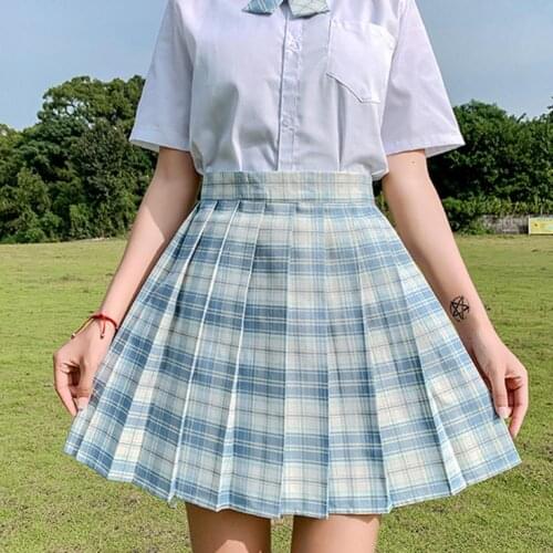 JK Pleated plaid Skirt High Waist Safety Grid A-line Half-length Skirt for School