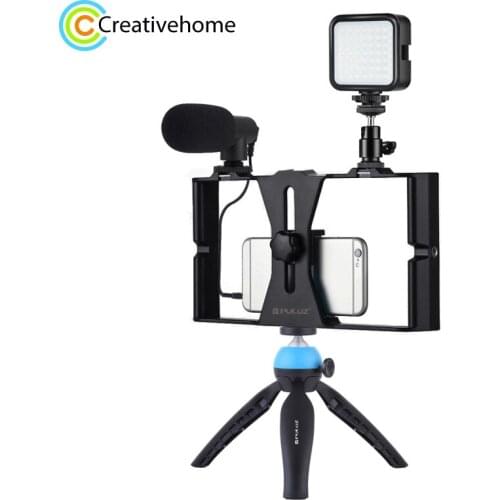 PULUZ Vlogging Live Broadcast LED Selfie Fill Light Video Rig Kits Microphone Tripod Mount Cold Shoe Tripod Head for Smartphones
