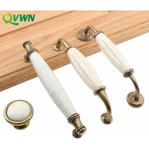 QVWN Antique Bronze Ceramic White Cabinet Handles Zinc Alloy Drawer Knobs Wardrobe Door Simple European Furniture Hardware