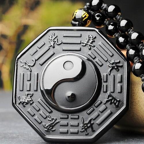 Carved Black Obsidian Tai Chi Gossip Jade Pendant Necklace Chinese Fashion Charm Jewelry Accessories Amulet for Men Women Gifts