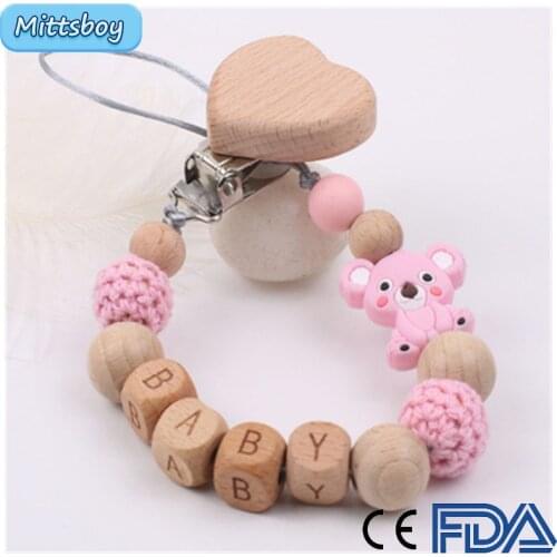 Baby Pink Personalized Wooden Name Handmade Koala Beech Pacifier Clip Holder Chain Silicone Pacifier Baby Teether Teething Chain
