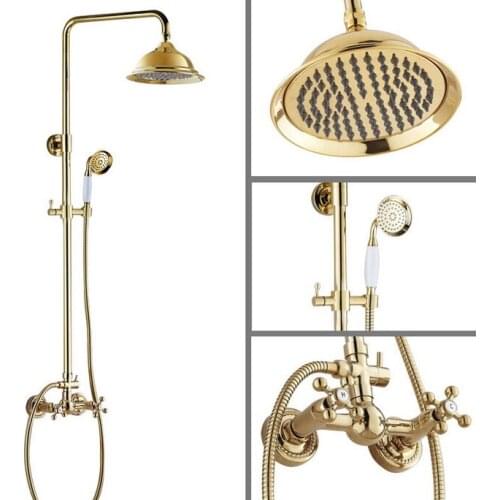 Shower Faucets Gold Brass Bathroom Shower Mixer Tap Faucet Set Rain Shower Head Wall Mounted Bathtub Faucet Sets zgf333