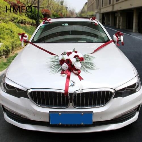 Wedding Car Decoration Flowers Set White Artificial Rose Lavender Garland With Sucker Ribbon Corner Flower For Wedding Car Props