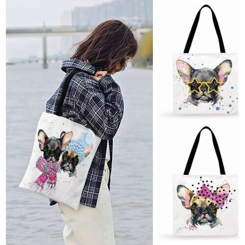 Outdoor Beach Bag Shopping Bags French Bulldog Watercolor Art Painting Print Tote Bag For Women Casual Tote Ladies Shoulder Bag