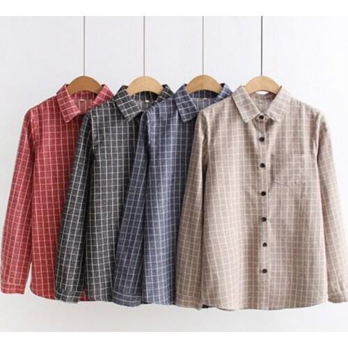 Womens Shirt 2021 Spring New Plaid Shirt Women College Style Cotton Casual Long Sleeve Blouses Tops Office Ladies Blouse Blusas
