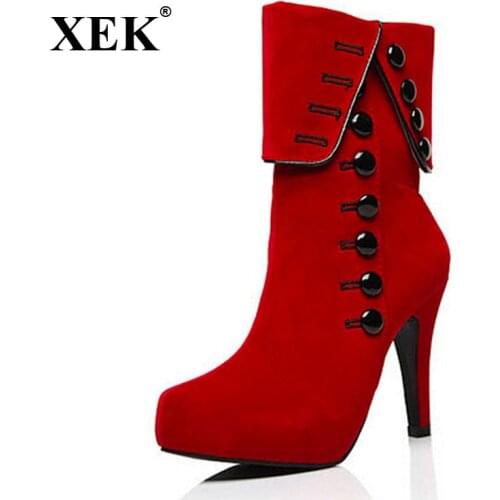 XEK Fashion Women Boots 2018 High Heels Ankle Boots Platform Women Shoes Autumn Winter Snow Botas Femininos plush ZLL215